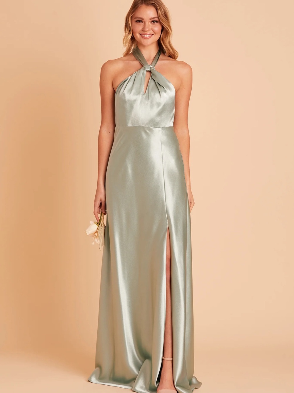 Birdy Grey Satin Halter Maxi Dress with Front Slit.Monica Dress in Sage